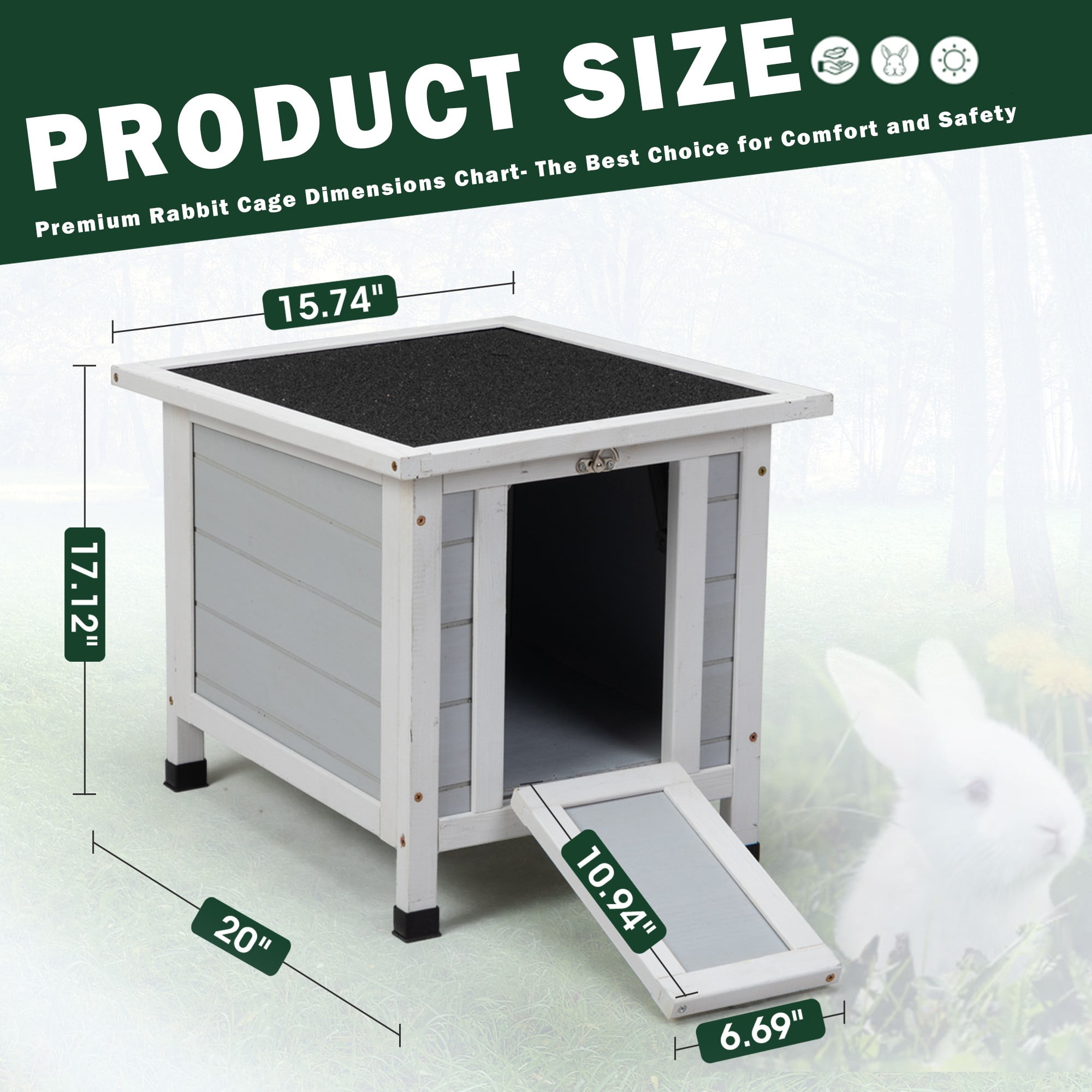Pefilos 20" Wooden Rabbit Hutch Waterproof Pet Bunny Cages for Outdoor Small Animal House Habitat, Gray