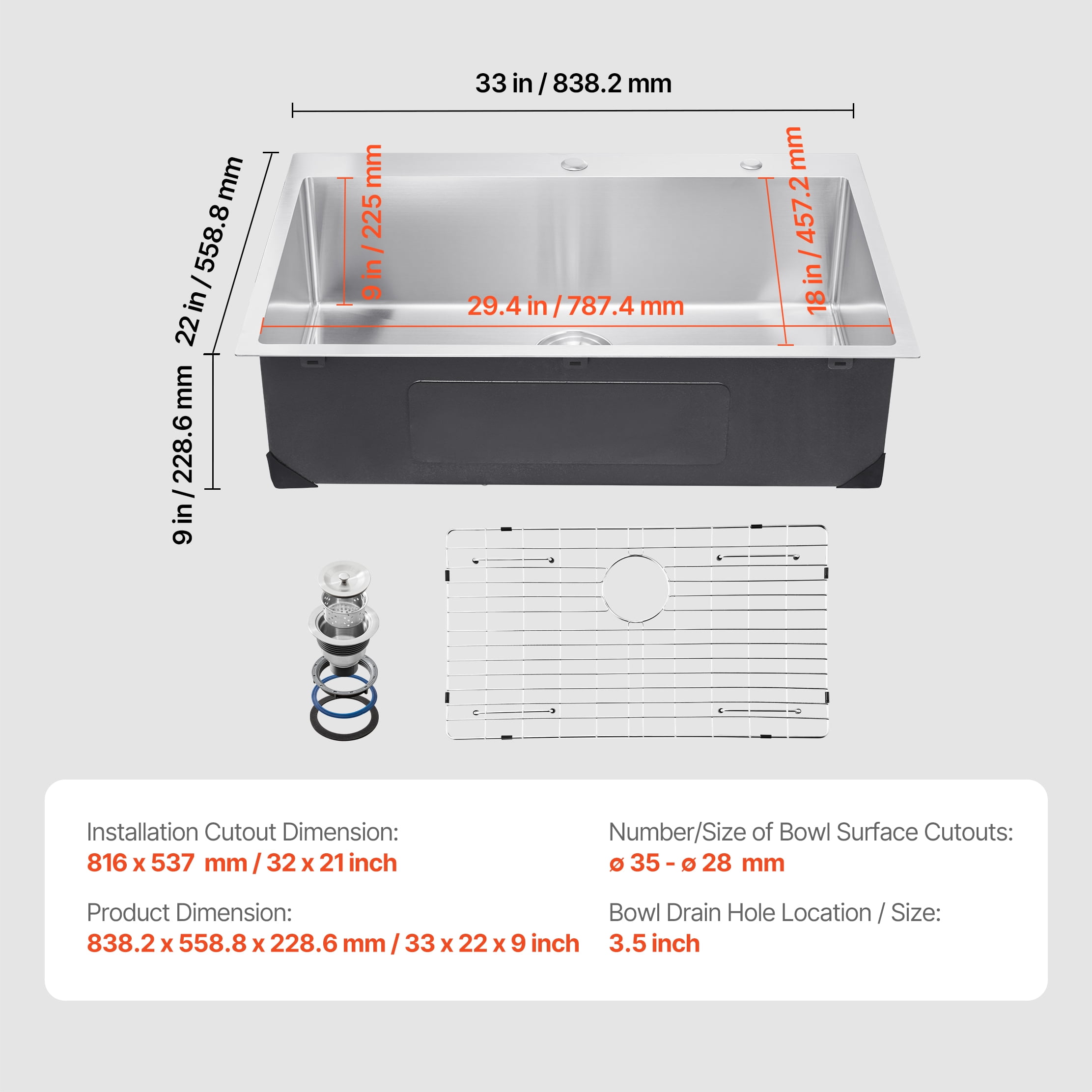KFFKFF 33" Drop-in Sink, Stainless Steel Kitchen Sink, Top-Mounted Single Bowl Basin, Comes with Drain Kit, Suitable for RV, Prep Kitchen