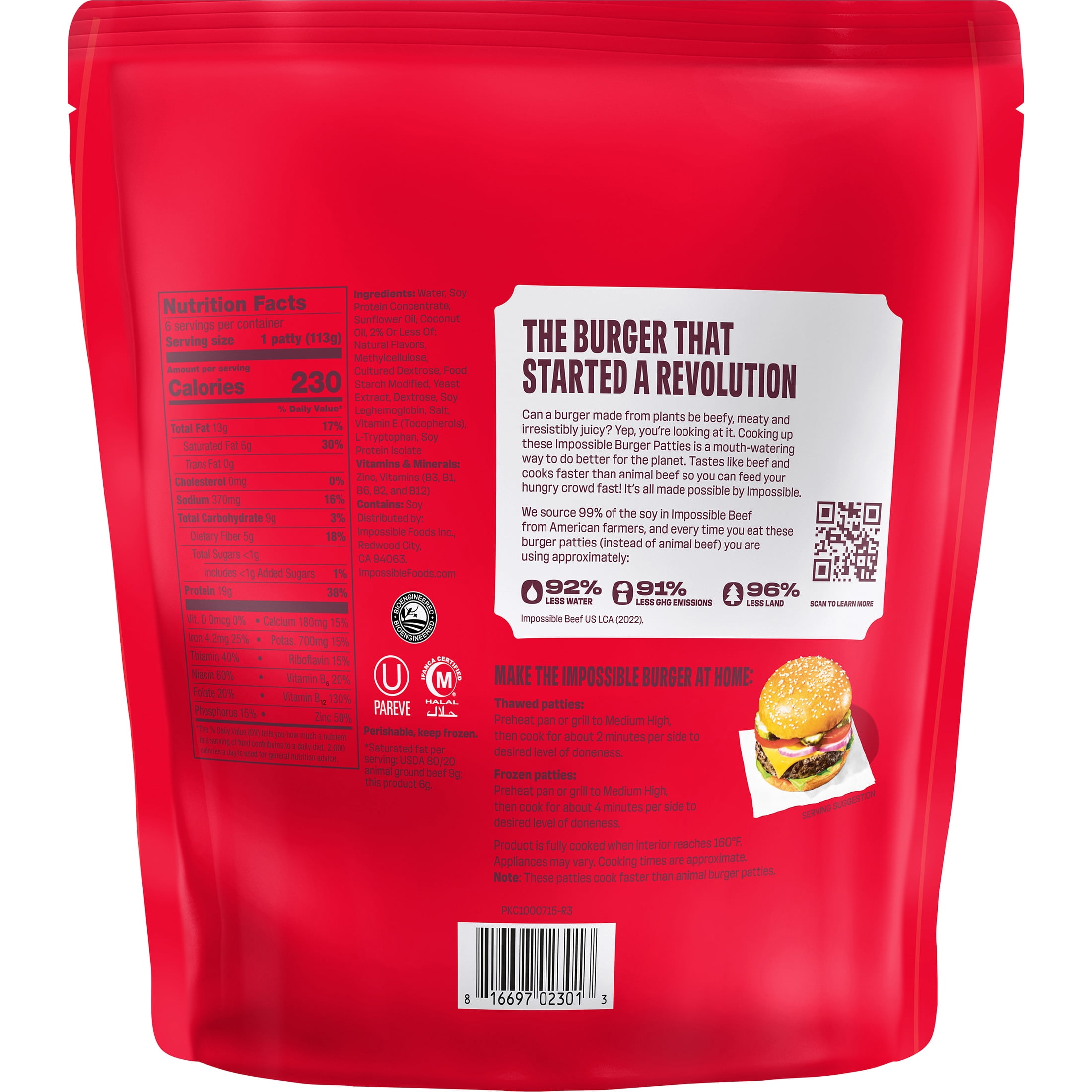 Impossible Foods Burger Patties Meat from Plants, 6 Frozen Patties, 24 oz