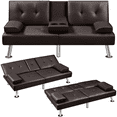 thumbnail image 3 of Renwick Faux Leather Convertible Futon Sofa Bed with 2 Throw Pillows & Cup Holders, Espresso, 3 of 10