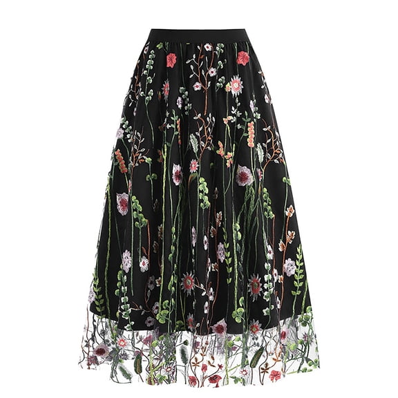Gbsyewxs Womens Skirts Midi Skirt High Elastic Waist Floral Embroidery Layered Tulle Elegant Summer Women'S Skirts Black