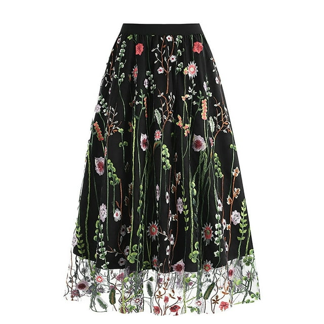 Gibobby faldas largas de mujer casuales Falda bordada a la moda para mujer, falda corta holgada con cintura elástica y bolsillo en forma de A(Negro, S)