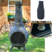 QBC Bundled Blue Rooster Rose Wood Burning Chiminea Gold Accent Color with Large Cover and Half Round Flexible Fire Resistant Chiminea Pads - Plus Free QBC Metal Chiminea Guide