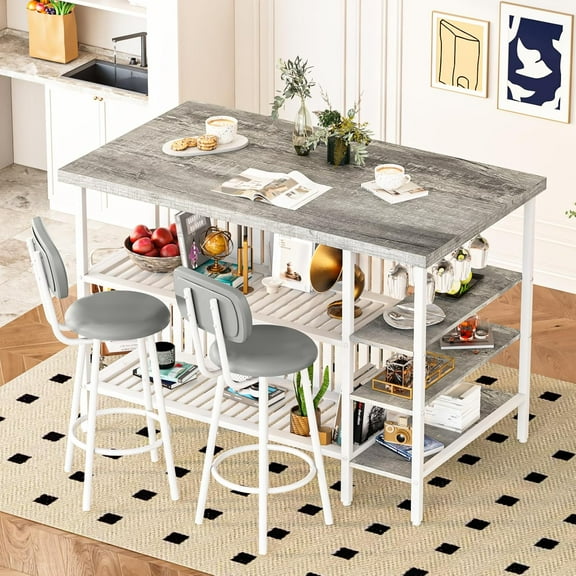 LinkRomat 3-Piece Kitchen Island Set, 47" Dining Table with 5 Storage Shelves & 2 PU Stools, Compact for Small Spaces, Gray