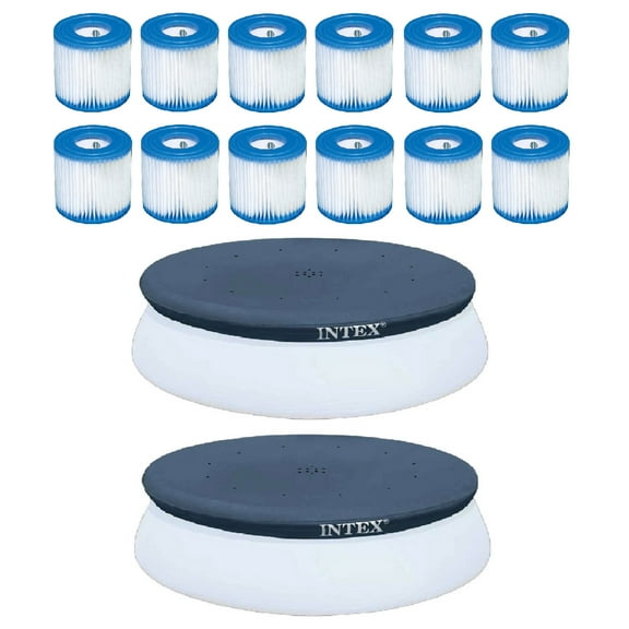 Intex Filter Cartridge for Pools (12 Pack) w/ Intex 10' Pool Cover (2 Pack)