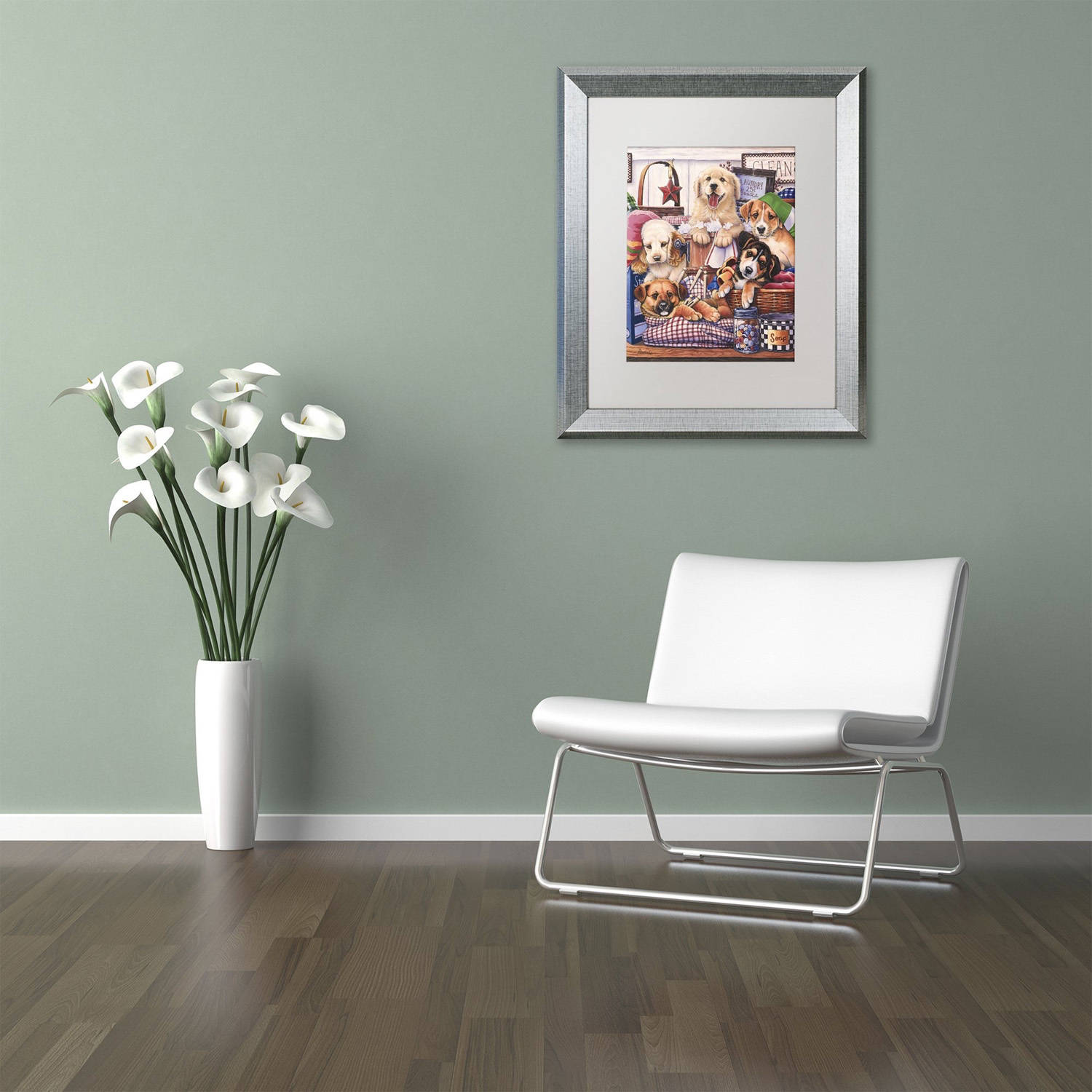 Trademark Fine Art 'Suds and Pups' Canvas Art by Jenny Newland, White Matte, Silver Frame