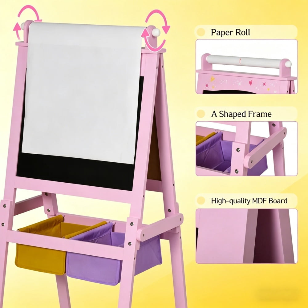 Pink 3-in-1 Kids Easel (Whiteboard + Blackboard + Paper Roll) - MDF A-Shape, with Storage Baskets & Drawing Paper, for 3+ Years Old