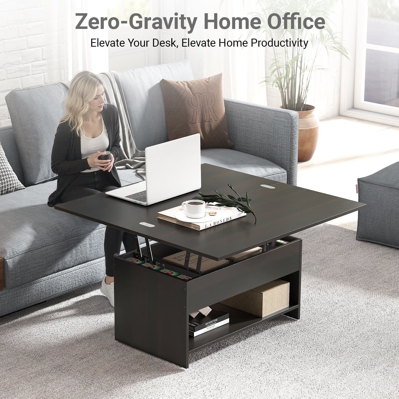 Manxile Rustic Lift Top Coffee Table, 4 in 1 Multi-Function Convertible Coffee Table with Hidden Storage for Living Room, Black&Brown