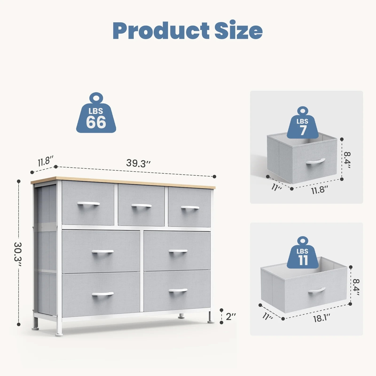 Nextay 7-Drawer Fabric Dresser TV Stand for 45" TV, Storage Dresser Closet with Steel Frame & Wooden Top for Living Room, Dressing Room, Entryway, Light Gray