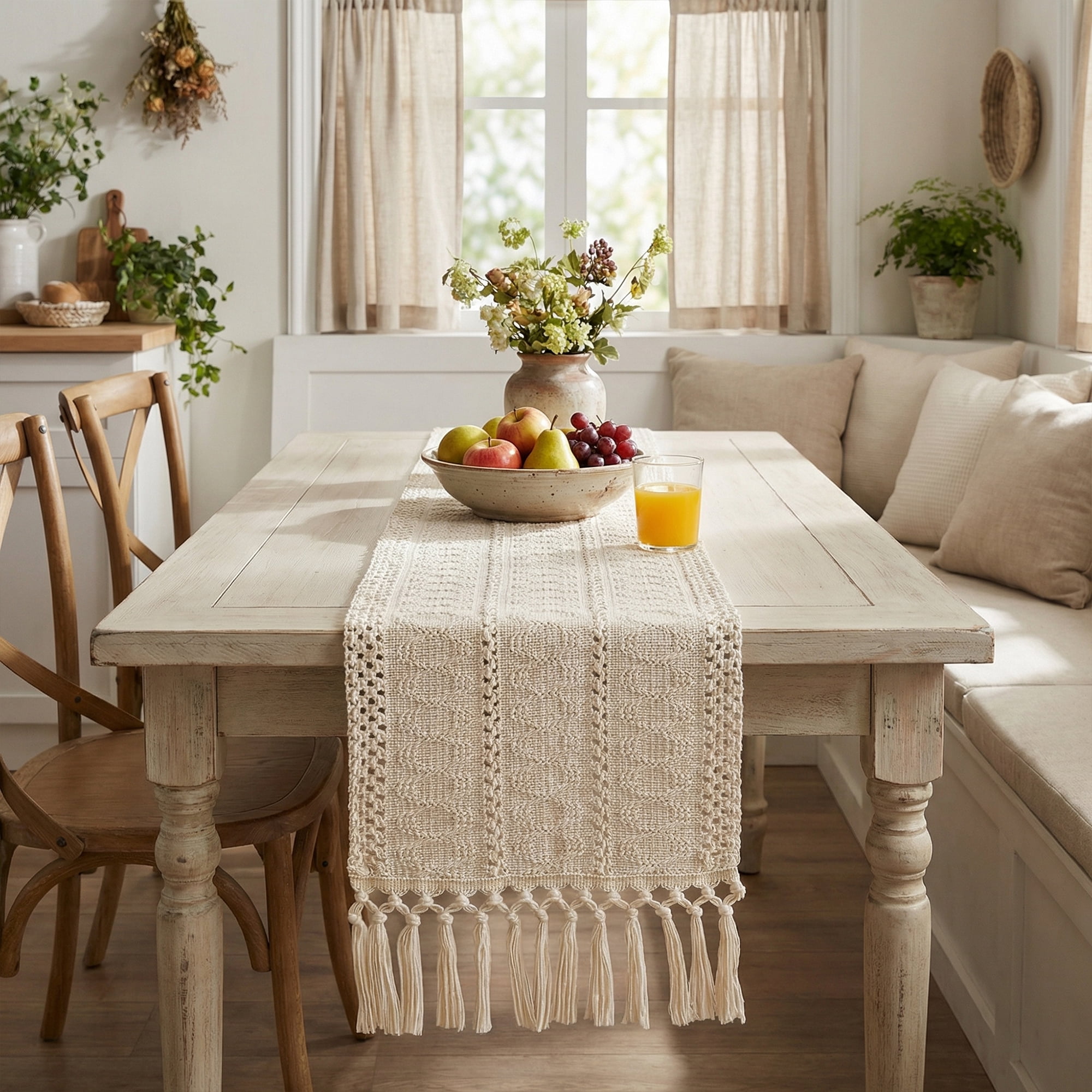 Unique Bargains Kitchen Decor Table Runner with Tassel Three hollowed 11.8x78.7in