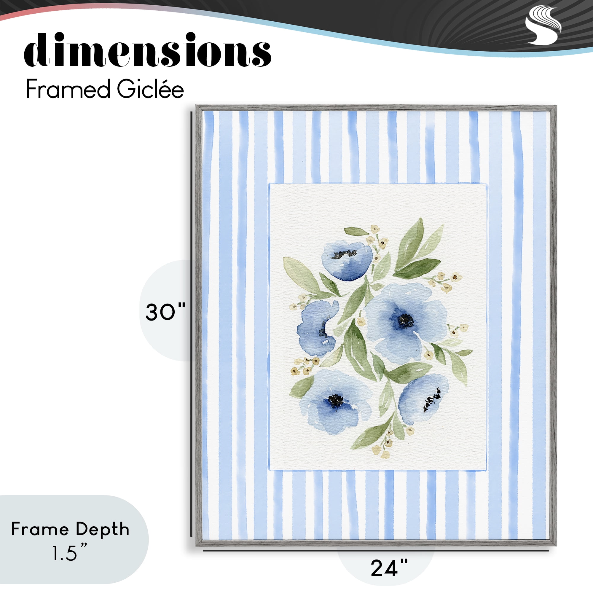 Stupell Industries Flowers With Stripe Border Gray Framed Giclee Art, design by Leah Noel Art