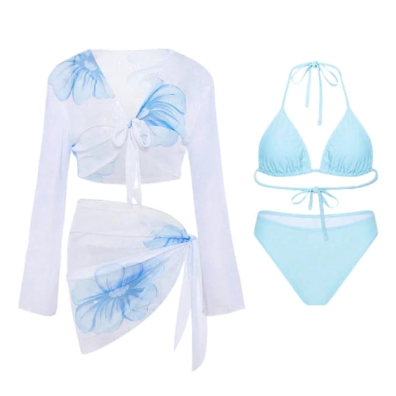 Women's Four Piece Bikini Set with Cover Up Floral Long Sleeve Cover Up Top & Sarong Skirt Breathable Bathing Suit Summer Vacation Blue XL