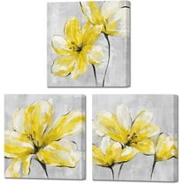 Yellow Grey Flower Canvas 3 Pieces Wall Art Abstract Lily Painting Home Decor Bedroom Bathroom Hang Decortations 12"x12"