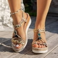 thumbnail image 2 of Womens Wedge Sandals Boho Beaded Espadrilles Elastic Ankle Strap Dressy Summer Beach Vacation Casual Footwear Dark Blue Size 7.5, 2 of 5