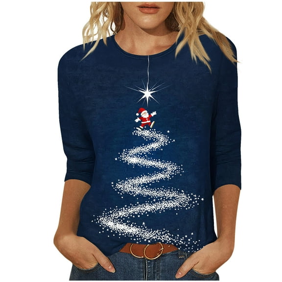 Christmas Shirts for Women 3/4 Length Sleeve Tshirts Xmas Print Plus Size Graphic Tees Holiday Pullover Tops (XL, Dark Blue)