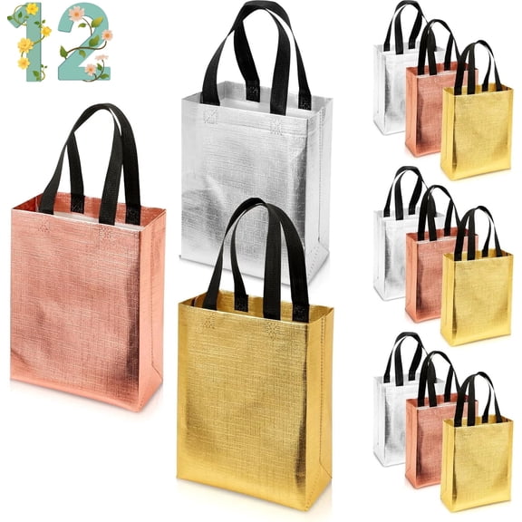 12 Pack Luxury Gift Bags, Gold, Silver & Rose Gold Shiny Reusable Gift Bags, Non-Woven Party Bags for Birthday, Wedding, Baby Shower & Christmas