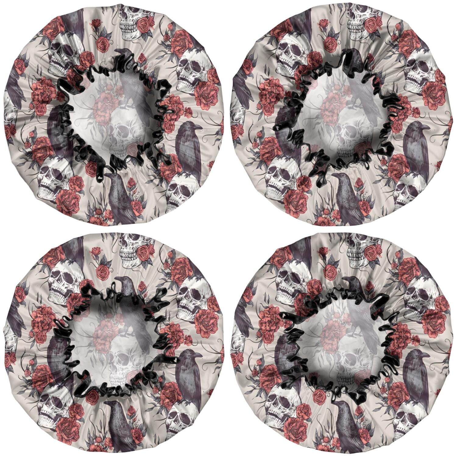 Shower Caps,Beige Skull Crow Flower Pattern Waterproof Shower Cap for Women 4 Pieces,Double Reusable Hair Cover for Shower PEVA Elastic Stretch Hem
