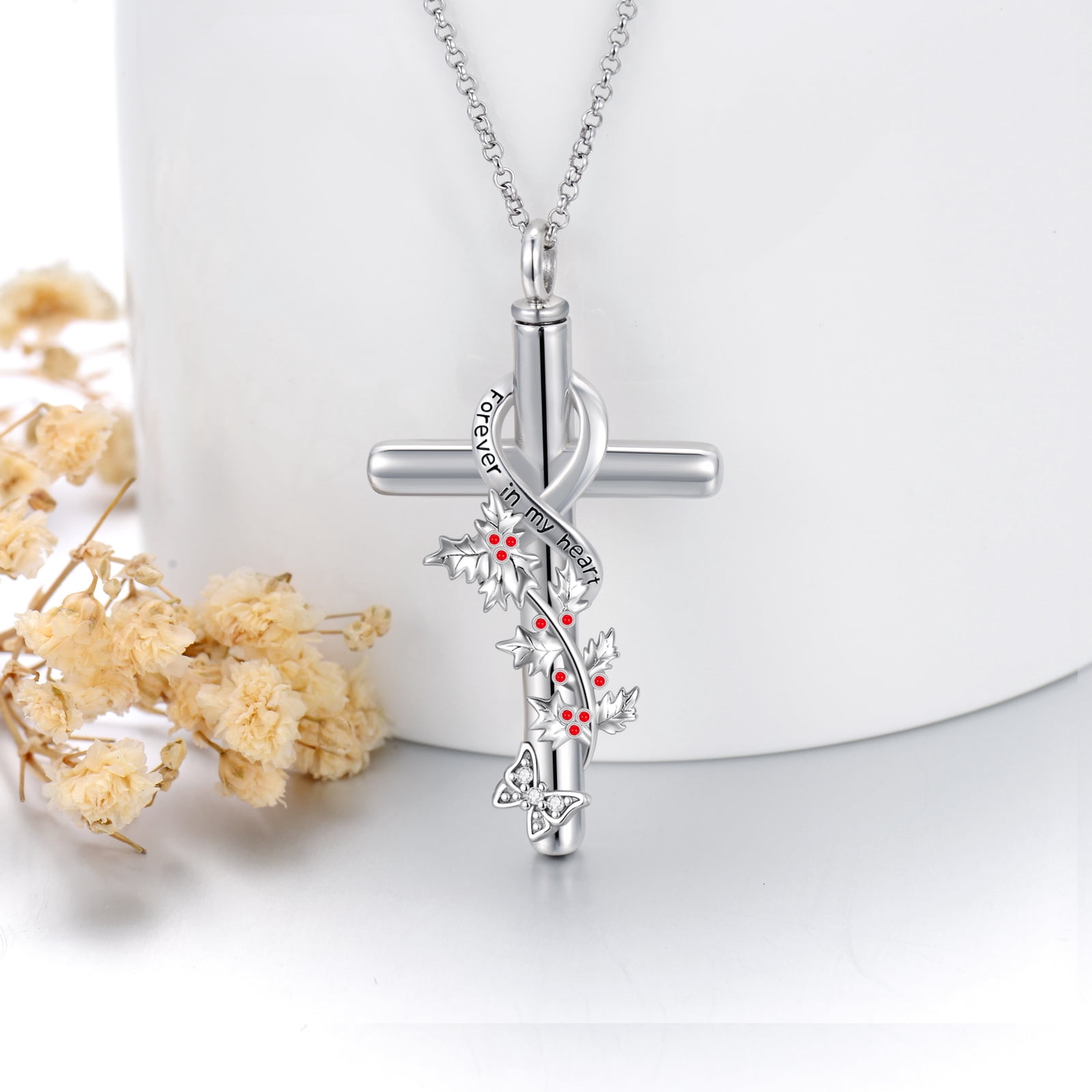 CACA LADY Holly Cross Urn Necklace 925 Sterling Silver Cremation Jewelry with Funnel Filler Kit