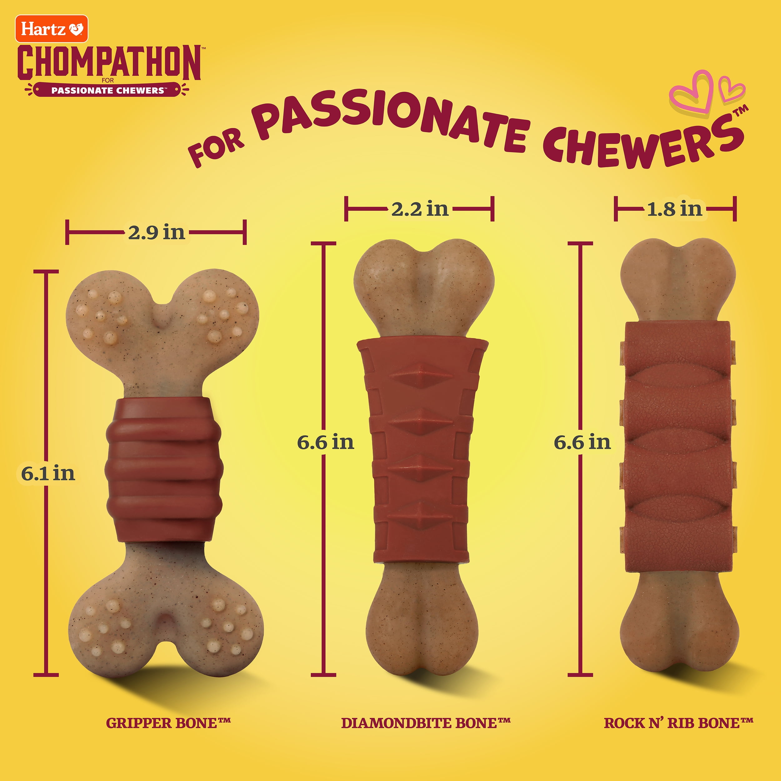 (3 pack) Hartz Chompathon Rock 'N Rib Bone, Nylon, Tough Dog Chew Toy