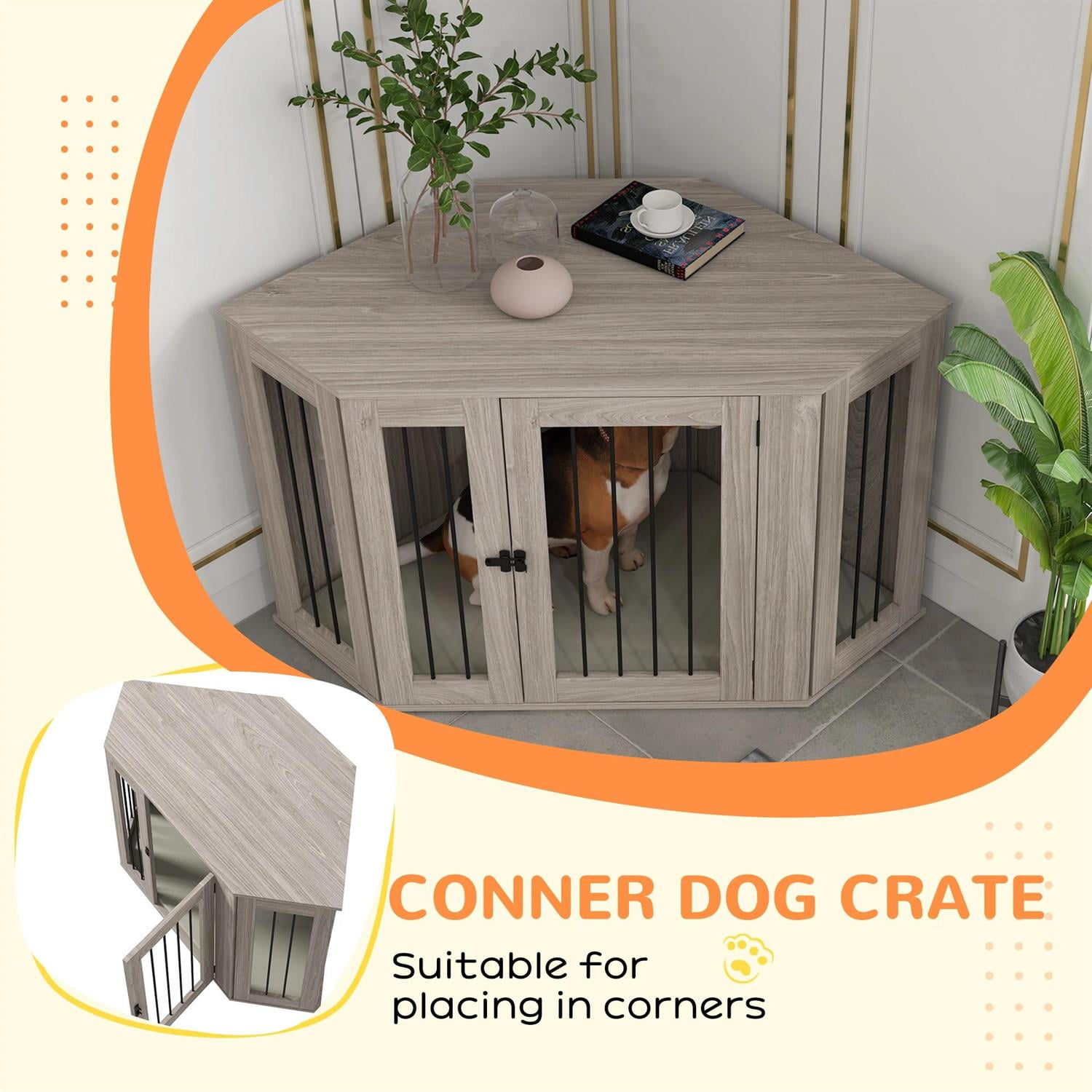 Pefilos 45" Corner Dog Crate Furniture with Cushion, Wooden Kennel Table, Indoor Dog House for Large Dogs, Gray