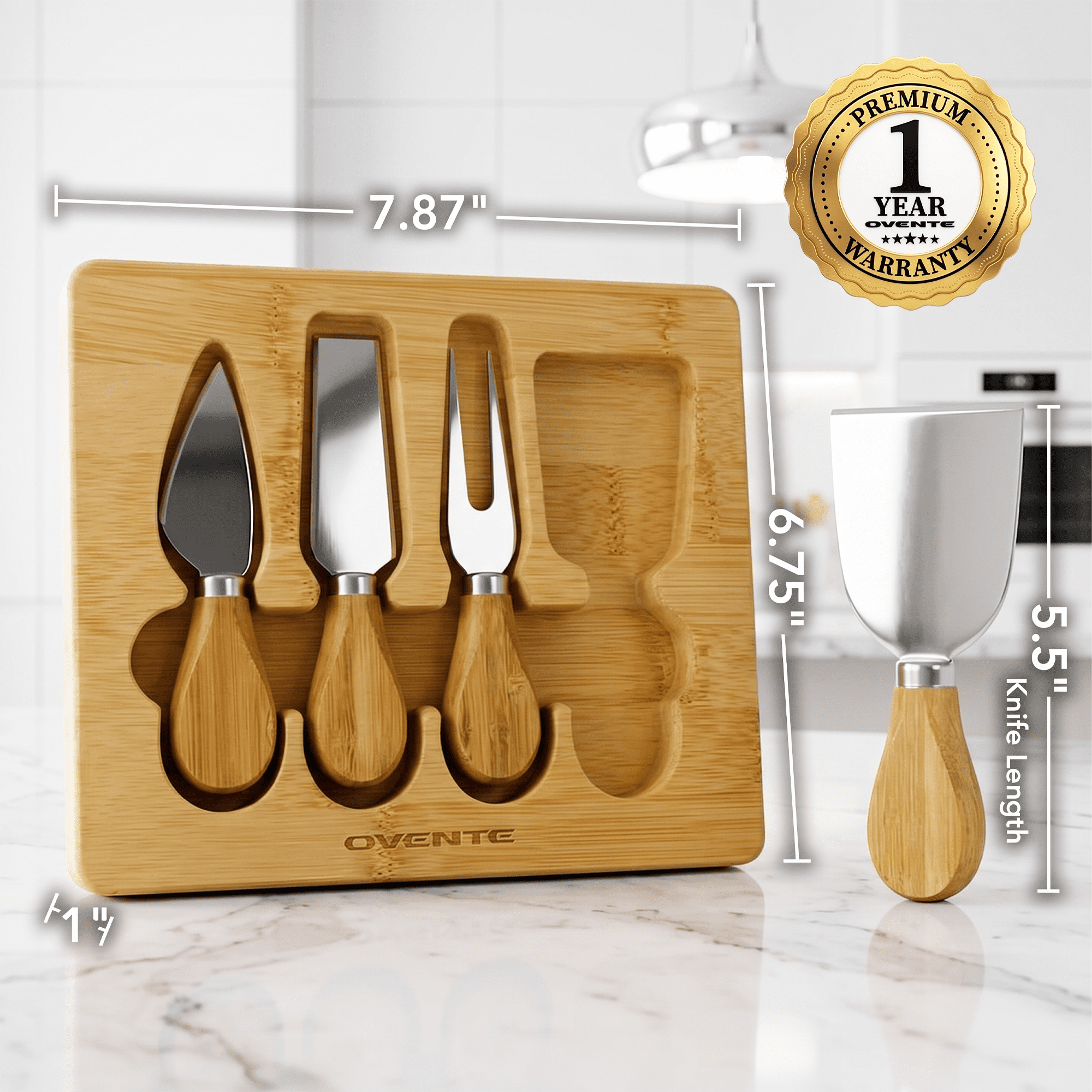 OVENTE 4-Piece Cheese Knife Set with Bamboo Handle, Brown KCS5974B | Complete Stainless Steel Charcuterie Knives w/ Wooden Case, Ideal Fromage Slicer, Spread & Butter Cutter for Party & Gift