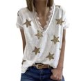 thumbnail image 4 of Blusa de verano para mujer con escote en V, manga corta y ribete de encaje y estampado de estrellas, color blanco XXL, 4 of 5