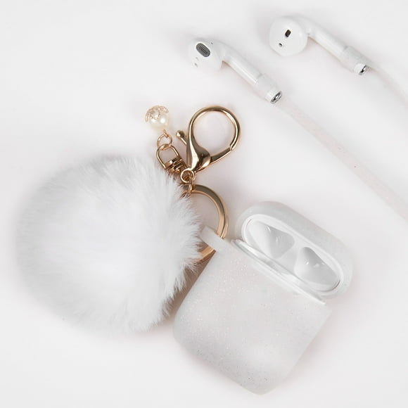 Apple AirPods Case Silicone Skin Cute Fur Ball Ornament Keychain & Strap 3 in 1 Fashion Premium Thick TPU Gummy Luxury Soft Protective Earphone Cover [WHITE GLITTER] for Apple AirPods 2 & 1