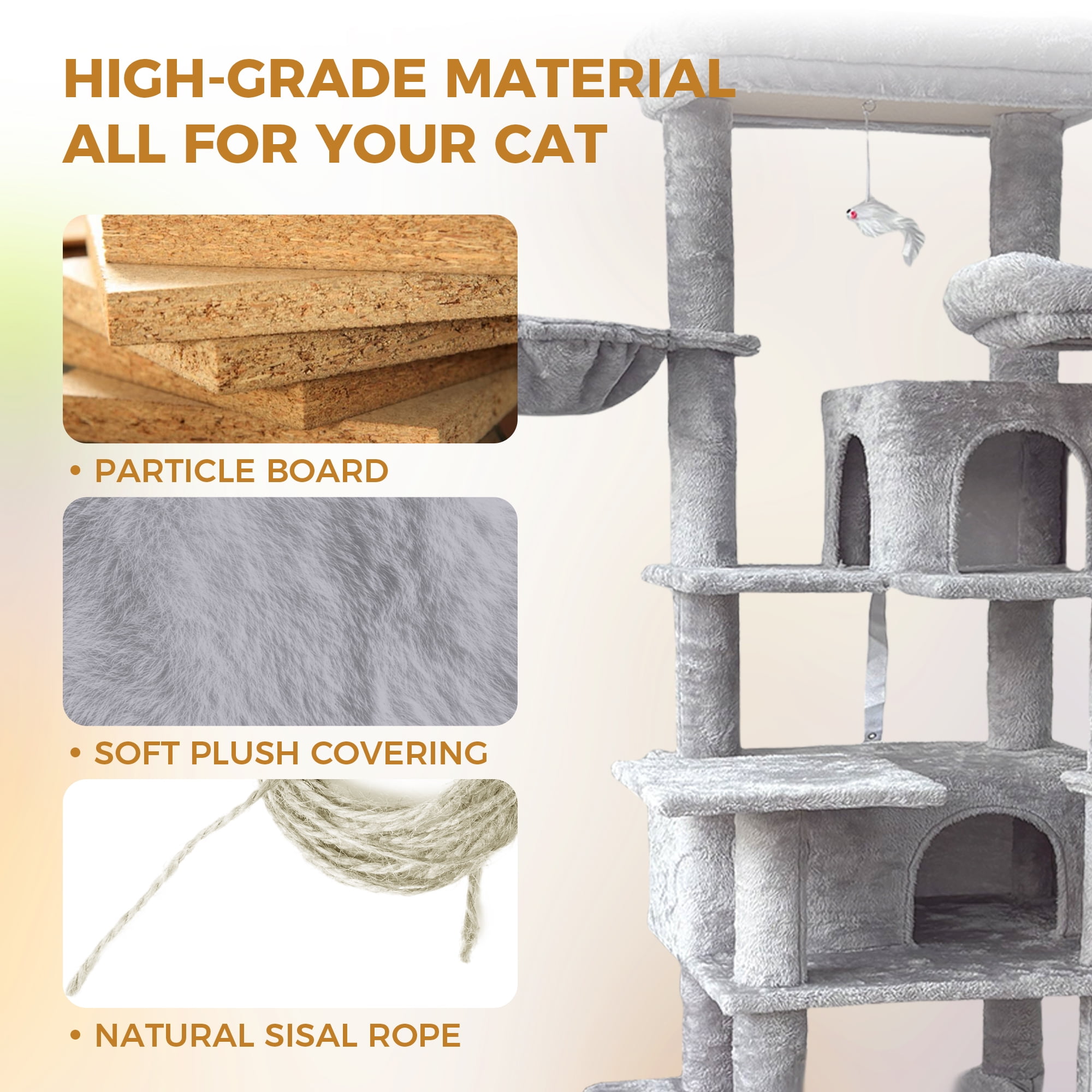ZephyPaws Cat Tree, 68 inch Multi-Level Cat Tower for Indoor Cats, Two Large Top Decks and Cat Hairbrushfor Kittens, Large and Tall Cat Tree gray