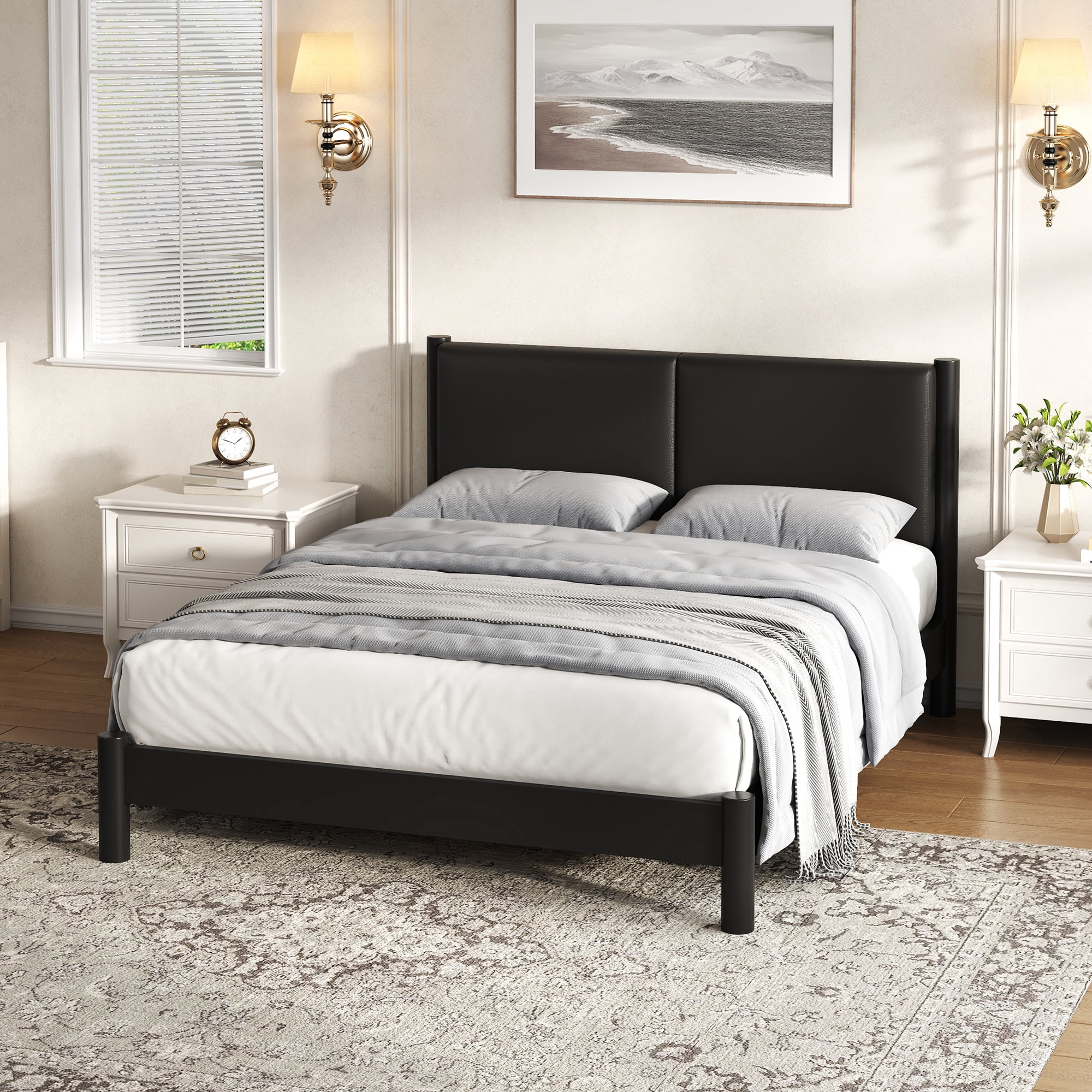 Euroco Wood Queen Size Platform Bed with PU Leather Headboard, No Box Spring Needed, Black
