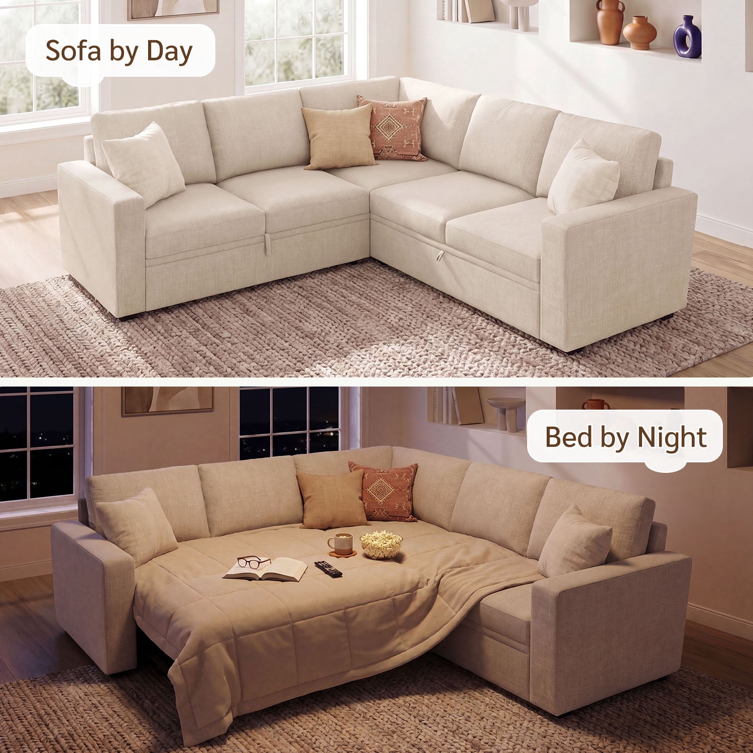 Marrber Modern L-Shaped Pull-Out Sectional Sleeper Sofa Bed with Storage for Living Room, Beige