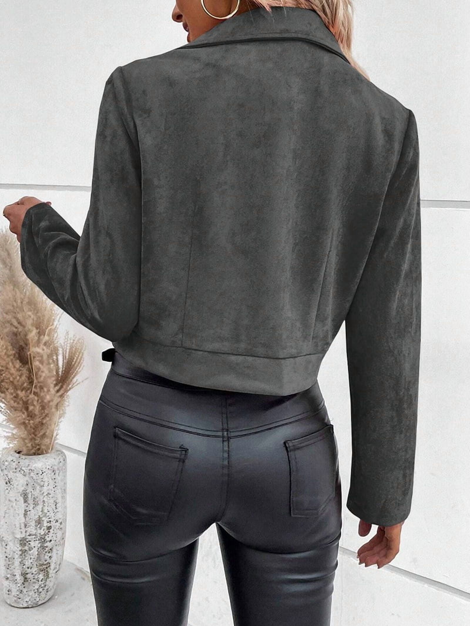 Women'S Cropped Zipper Long Sleeve Suede Faux Leather Blazer Jacket Autumn Fashion Outerwear Dark Grey L