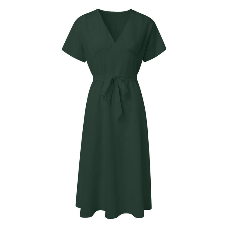 Women's V-Neck Flowy Midi Dress Short Sleeve Elegant Summer Wedding Guest  Cocktail Dresses with Belt - Walmart.com