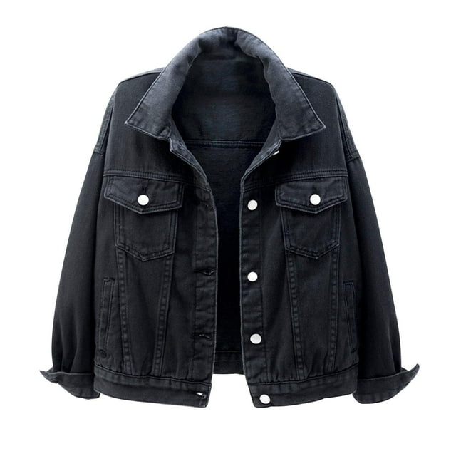 IROINID Veste Courte en Denim pour Femme Veste Col à Revers Couleur Unie Manches Longues Ample Manteaux de Printemps et d'Automne Chaude Veste en Denim Manteau, Noir