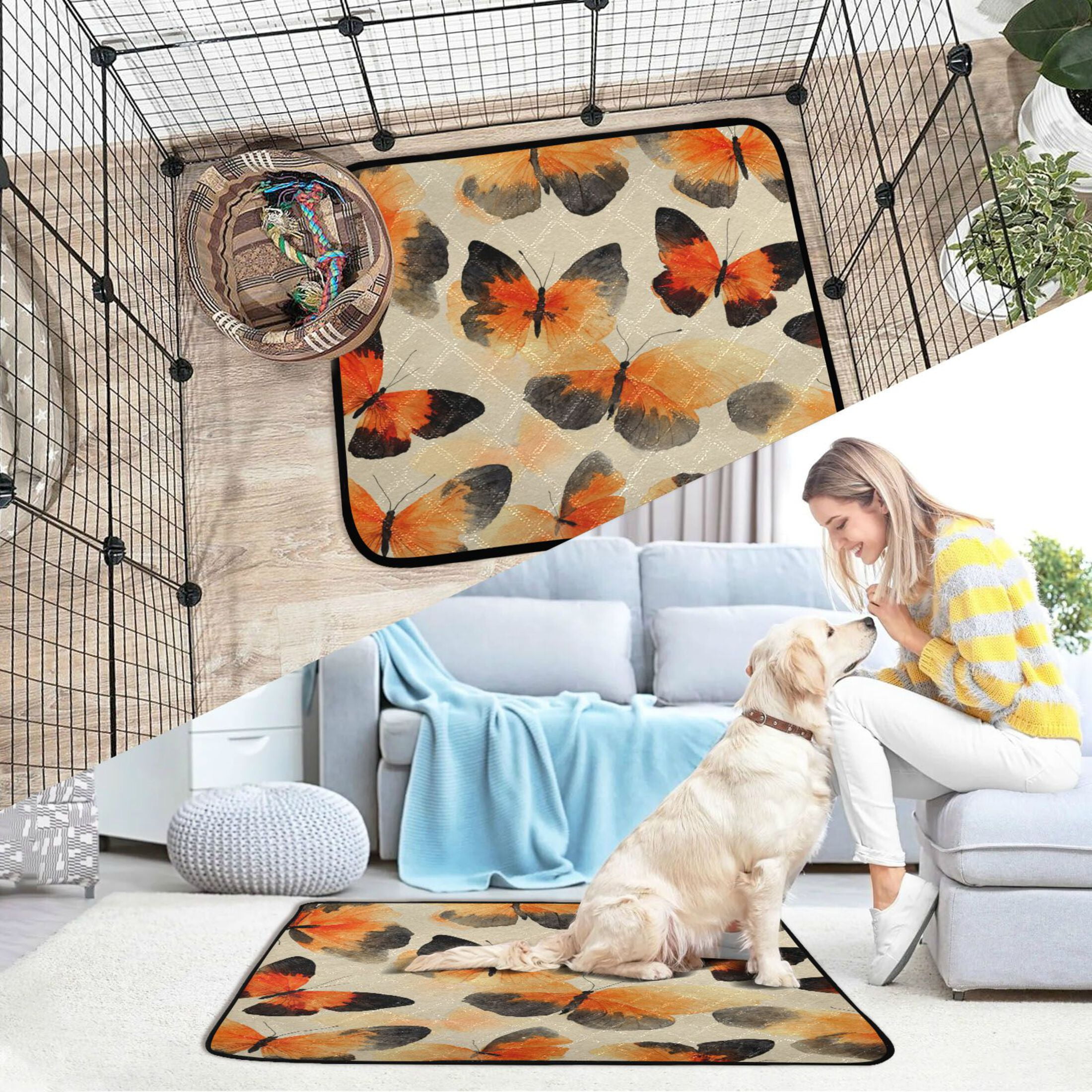 Qxltty Orange Black Butterfly Cat litter Pads Pet Set of 2 Diaper Mats Center Anti-leakage Layer Absorbent Soft and Comfortable
