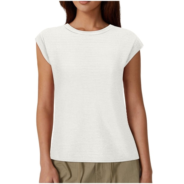 Blusas de Manga Corta para las Mujeres Camiseta de Cuello Redondo Sólido, Blusa de Verano Casual para las Mujeres