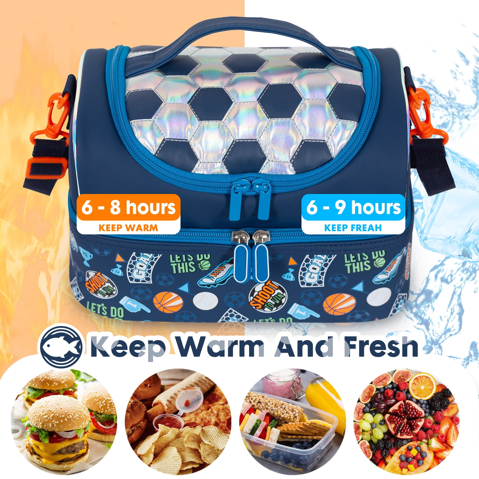 YOYTOO Insulated Lunch Bag, Double Deck Lunch Tote Bag Cooler Box with Adjustable Strap, Soccer
