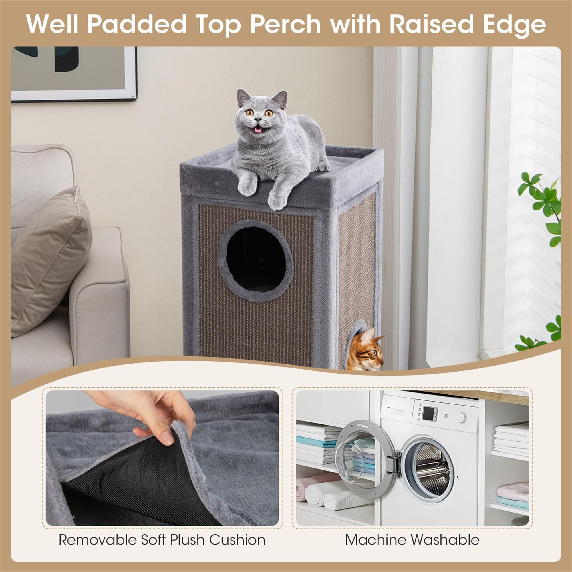 Kadyn 39" Indoor Cat Cave Bed, Cat House Scratcher Furniture, Cat Condo with Scratching Posts, 3 Hideaways, 4 Soft Plush Cushions, Gray