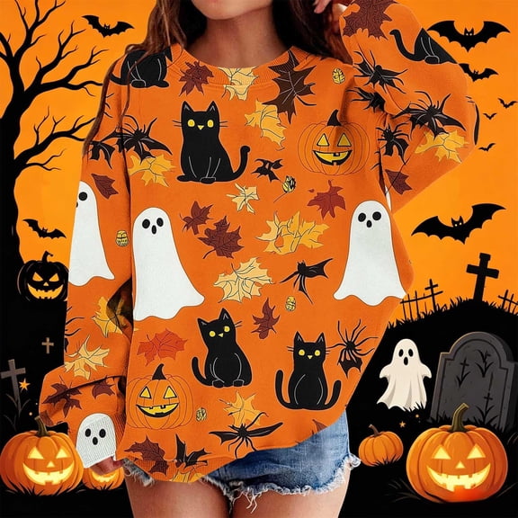 WQNVRNR Girl Halloween Sweatshirt Pumpkin Ghost Graphic Casual Crew Neck Pullover Long Sleeve Tops Shirt Multicolor 8-9 Years