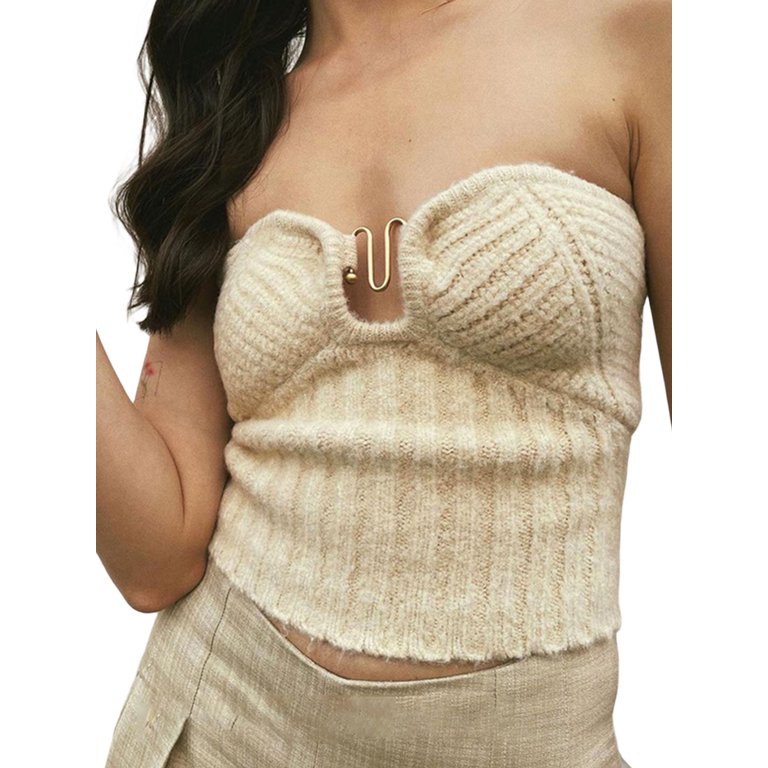 Strapless Crop Top for Women Twist Front Hollow Knitted Tube Top Sleeveless  Bandeau Bustier Tops Aesthetic Clothes