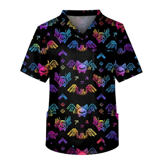 Men's Halloween Scrub Tops V-Neck Short Sleeve Bat Lightning Print Medical Work Shirt with Chest Pocket Comfortable Pullover Uniform for Clinic Black L