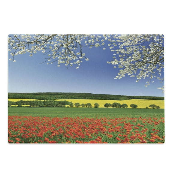 Flower Cutting Board, Poppy Field with a Spring Landscape and Blossom Tree View in Meadow Nature Image, Decorative Tempered Glass Cutting and Serving Board, Large Size, Multicolor, by Ambesonne