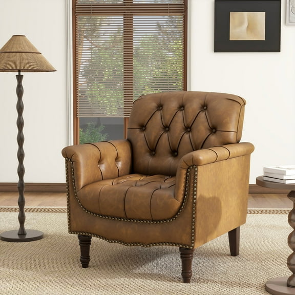UIXE Faux Leather Accent Chair for Living Room, Upholstered Retro Armchair Tufted Club Arm Chair Single Sofa Lounge Bedroom Side Reading Seating, Camel