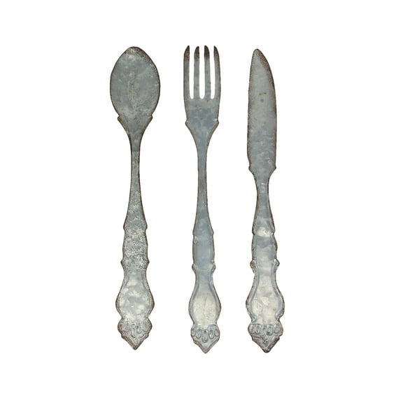 Zeckos Silver Galvanized Metal Fork Spoon Knife Kitchen Décor 21 inch
