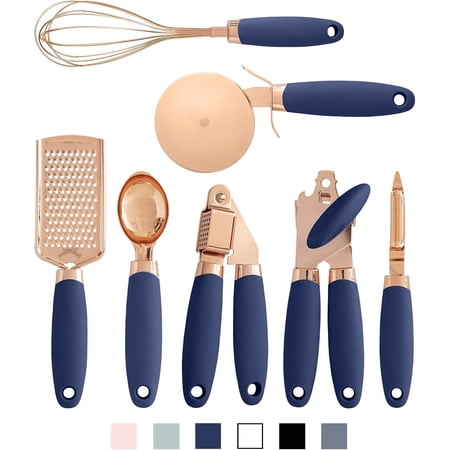 COOK WITH COLOR Kitchen Utensils Set, 7-Piece Stainless Steel Utensils with Soft Touch Handles, Copper Navy