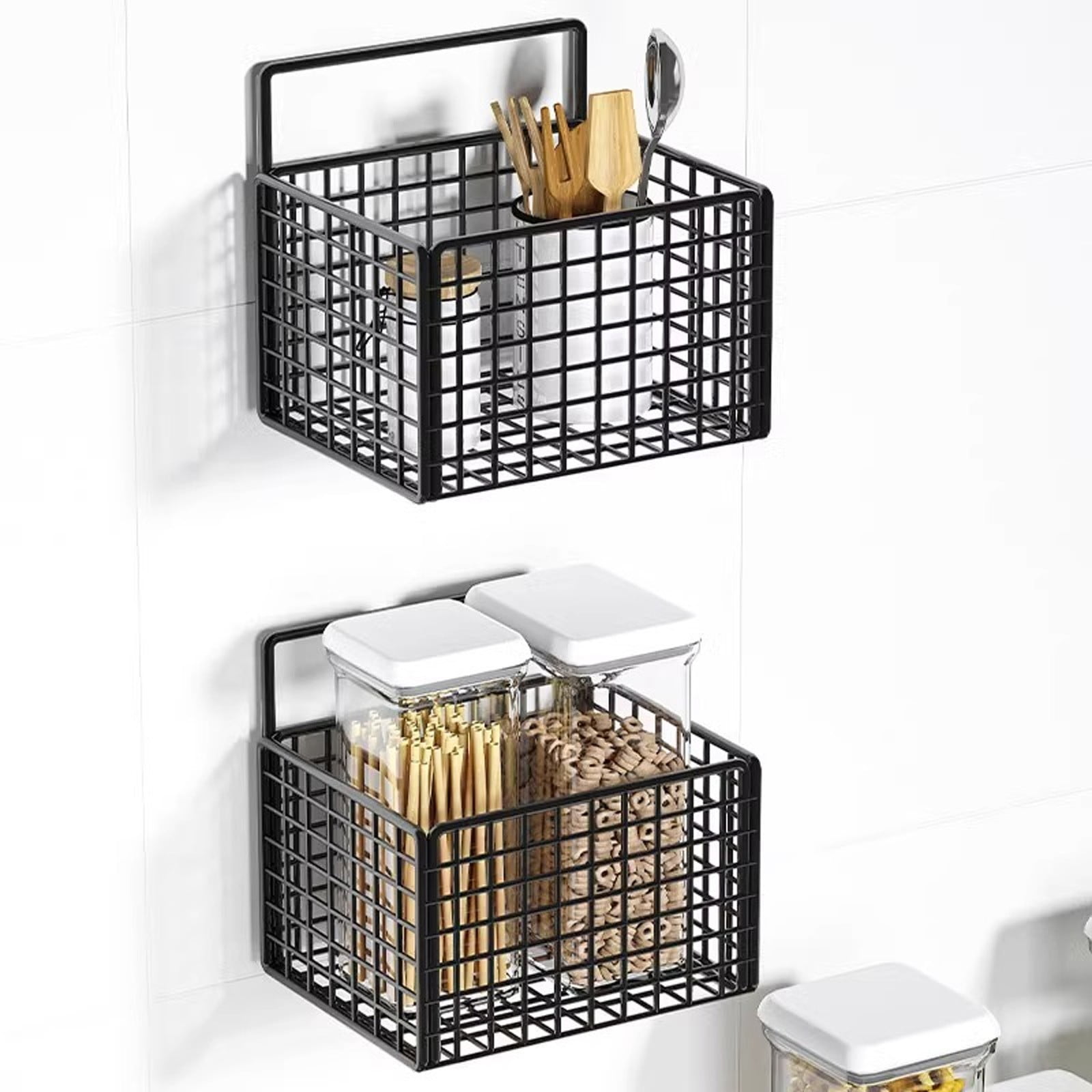 Panier A Suspendre Panier De Rangement Mural à Suspendre Sans Perçage Pour Fruits Et Légumes, Comptoir De Cuisine, Paniers En Fil Métallique Pour Armoire, Garde-manger ( Noir/blanc Panier à Suspendre