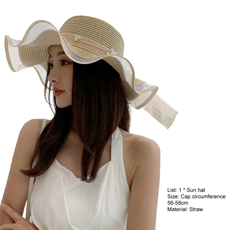 Sun Hat Large Brim Breathable Folding Comfortable Packable Sun Protection Ruffle Edge Bow Ribbon Faux Pearl Dec, adult Unisex, Pink
