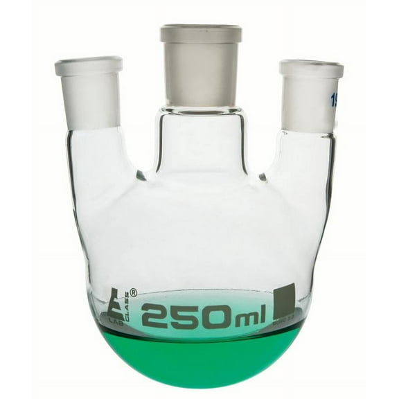Distillation Flask with 3 Parallel Necks, 250ml Capacity, 24/29 Center Socket, 19/26 Side Sockets, Interchangeable Ground Joints, Borosilicate Glass - Eisco Labs