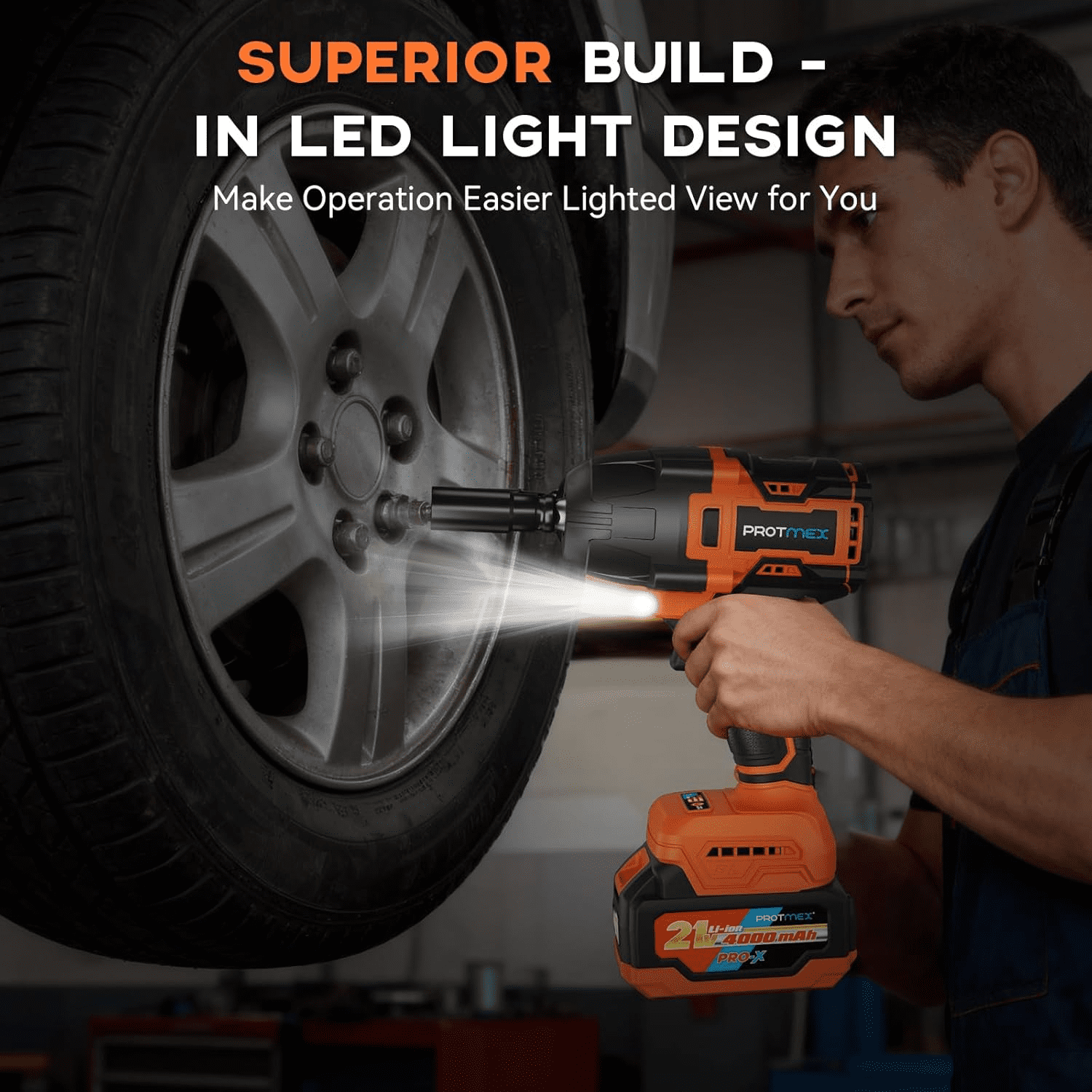Protmex Cordless 900Ft-lbs Impact Wrench, 4000mAh Battery, 3500 RPM