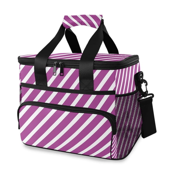 Purple-white Diagonal Stripes Portable Cooler Lunch Box Reusable Insulated Lunch Bag Leakproof 15L