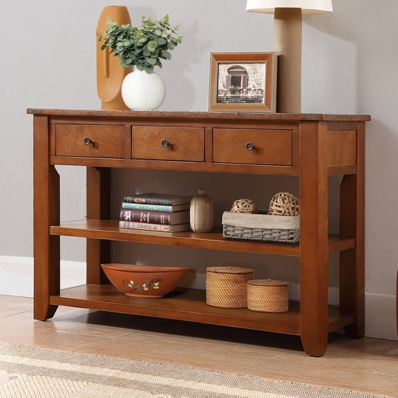 Nmkwnr 48" Wood Console Table with 2 Shelves, 3 Drawers Sofa Table for Living Room, Dining Room, Brown